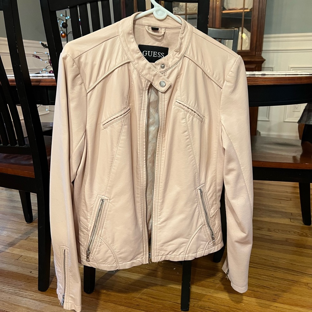 Guess faux leather Moto jacket.  EUC.  Size XL baby pink